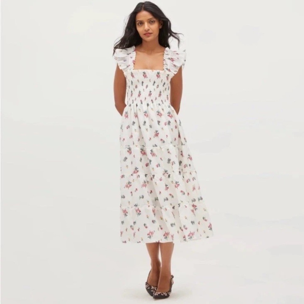 Hill House White Floral Midi Dress with Pink & Green Print